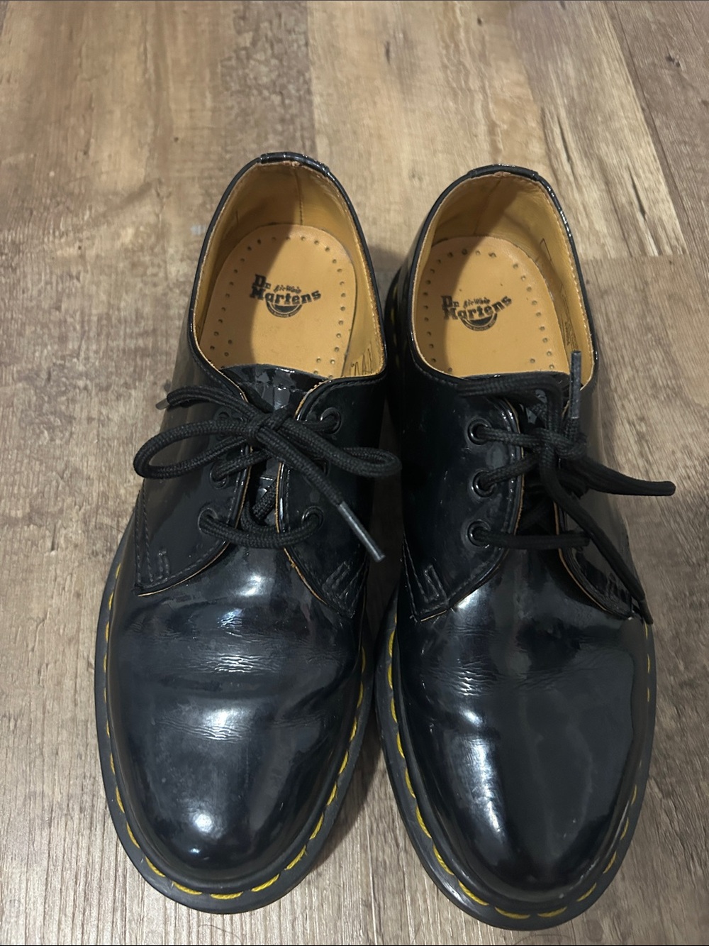 Dr. Martens Black Gloss Leather 3-Eye Derby with Yellow Stitching